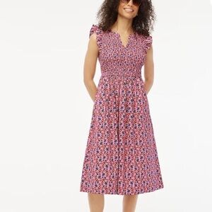 J. Crew Pink Floral Smocked Flutter-Sleeve Midi Dress M